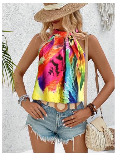 Image of RoseSeek Women's Tropical Paisley Halter Blouse Boho Shirt Vacation Tops