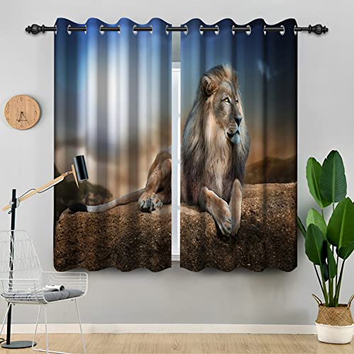 Baocicco Animal Themed Blackout Window Curtain For Bedroom Lion Pattern Printing Curtain For Men Boys Modern Art Darkening Drapes Mighty Lion Design For Living Room 2 Panel Set, 96Lx 53W Inches #TOP9