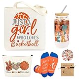 JoycuFF Basketball Gifts for Girls Basketball Stuff Accessories for Girl Include 16OZ Glass Cup, Tote Bag, Makeup Bag, Bracelet, Funny Socks, Stickers Birthday Gifts for Sport Lovers & Players