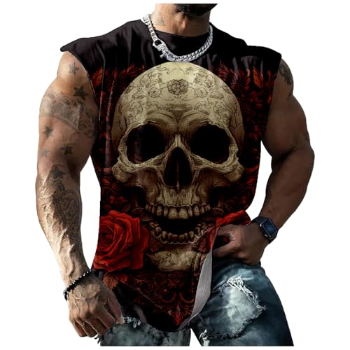 HOTYD Skull Print Graphic Tank Tops for Men Sleeveless Casual Cotton Shirts Big and Tall Muscle Shirts Bodybuilding Tank Tops
