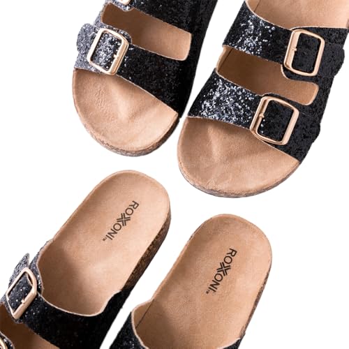 Roxoni Women's Party Gliters Comfort Flat Sandals Double Buckle Adjustable Straps Flat Slides Footbed Suede2