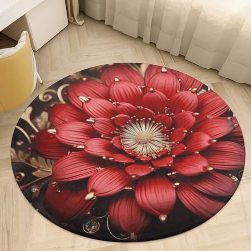 Alfombra redonda de terciopelo coral con flores rojas para puerta 7