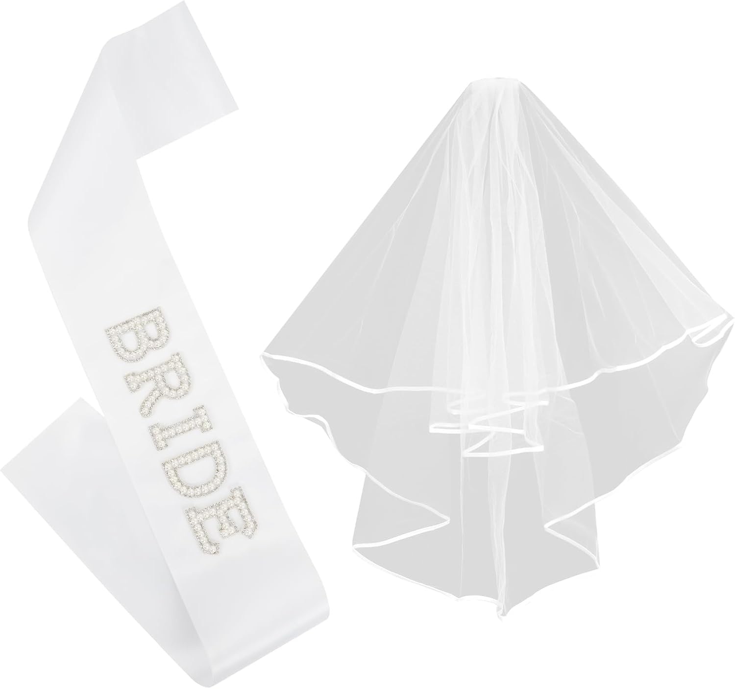 Bride To Be Sash White Wedding Veil, Bride Pearl Satin Sash Veil Set Bachelorette Party Favors Accessories for Bridal Showers Engagement Party Decorations