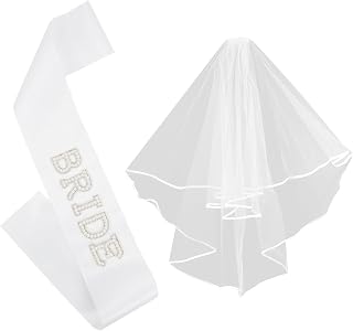 Bride To Be Sash White Wedding Veil, Bride Pearl Satin Sash Veil Set Bachelorette Party Favors Accessories for Bridal Showers Engagement Party Decorations