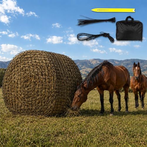 Round Bale Hay Net for Horses Slow Feed:Hay Feeder Nets for Horses-5x5 Ft Net with 2 Pairs Gloves and Repair Tool 1-Inch Hole Hay Bags-Built Tough for Horses Goats Sheep & Donkeys