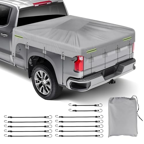 Truck Bed Tarp Cover Compatible with Ford F-Series Chevy Silverado and Dodge Ram 6.4-6.7ft Bed 600D Oxford Cloth Heavy Duty with 12 Elastic Cords Bed Tarp for Snow Rain Sun Dust Protection