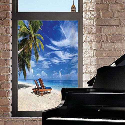 Seaside Window Film Frosted Glass Film,2 Beach Chairs On The Tropical Sandy Beach Under Palm Trees Relaxing Home Decoration Privacy Window Film Static Cling,24 Inches X 36 Inches, Ivory,Blue,Green #TOP1