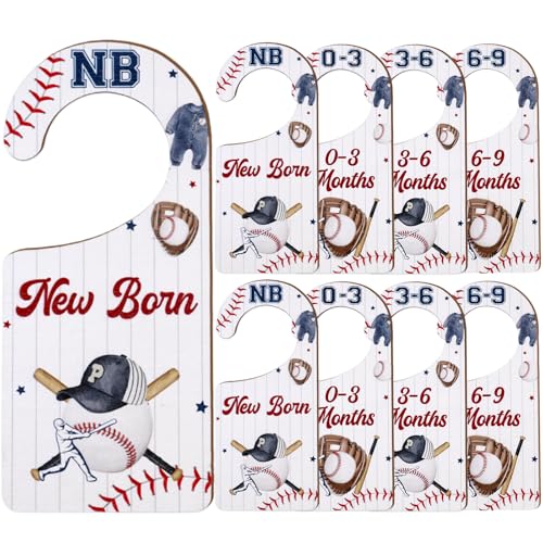 Image of CORNER LACE Baby Closet Dividers 8PCS, Baseball Theme Wooden Double-Sided Clothes Size Hanger Organizer from Newborn to Toddler for Nursery Decor Baby Shower Birthday Gift (Includes Gift Box)