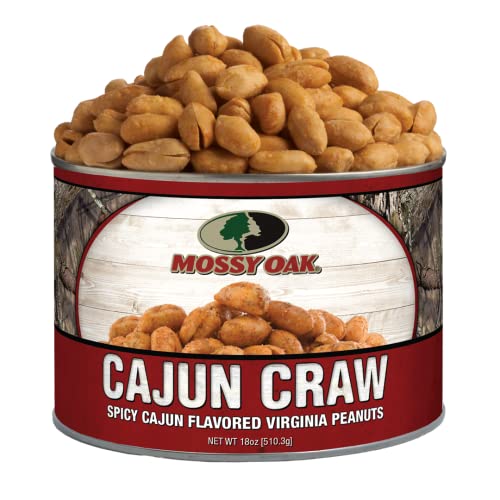 MOSSY OAK Peanuts by FERIDIES - Cajun Craw Seasoned Virginia Peanuts, 18 Ounce Camouflage Snack Tin of Gourmet Spicy Cajun Flavored Extra Large Virginia Peanuts