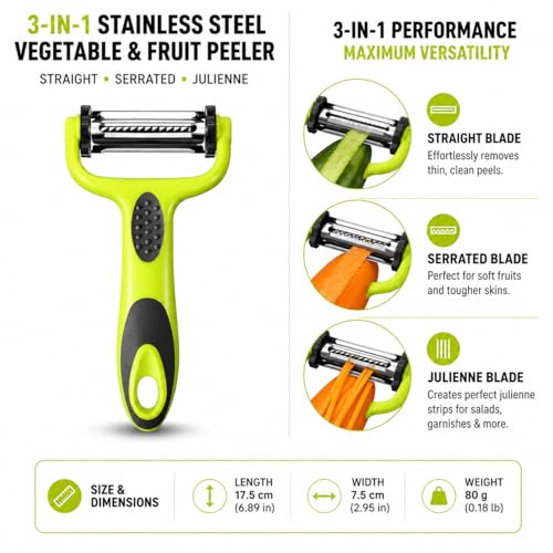 Image of LOTERO Peeler for Vegetables and Fruits | Stainless Steel 3-in-1 Vegetable Peelers for Kitchen | Multi-Functional Slicer, Shredder & Julienne Blades | Ideal Used for Carrots, Cucumbers & More