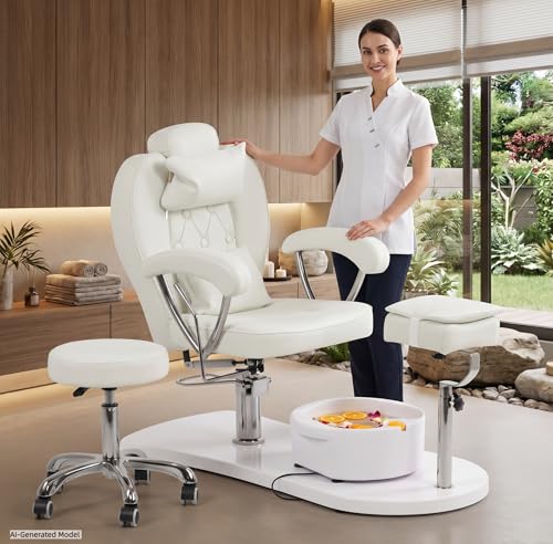 HolaiNail Pedicure Chair No Plumbing with Foot Bath and Stool 360Swivel Hydraulic Reclining Pedicure Station with Footrest & Ergonomic Headrest for Nail Tech Spa Salon (White)