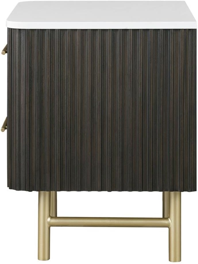 BOWERY HILL Wood Nightstand, 26" W x 20" D x 26" H, White Marble Top, Espresso Finish, 2 Drawers with Metal Glides, Gold Metal Legs, Stylish Mid-Century Design for Bedroom Storage