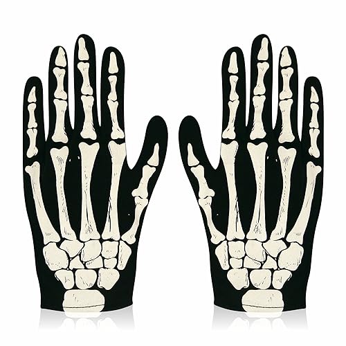 3HA HAHAHA Skeleton Gloves Halloween Gloves Unisex Skeleton Outfit Trick Or Treat Dark Bone Glove Halloween Full Finger Adult Hand Skull Bone Patterned Fancy Dress Party Costume Accessories(1pc)