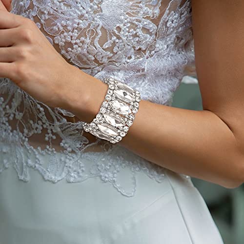 BriLove Wedding Bridal Elegant Crystal Double Row Rhinestones Marquise Cluster Stretch Bangle Bracelet for Bride4
