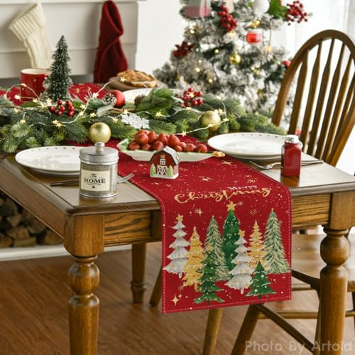 Artoid Mode Xmas Trees Merry Christmas Table Runner, Seasonal Winter Red Kitchen Dining Table Decoration for Home Party Decor 13x90 Inch by Artoid Mode - Image 4