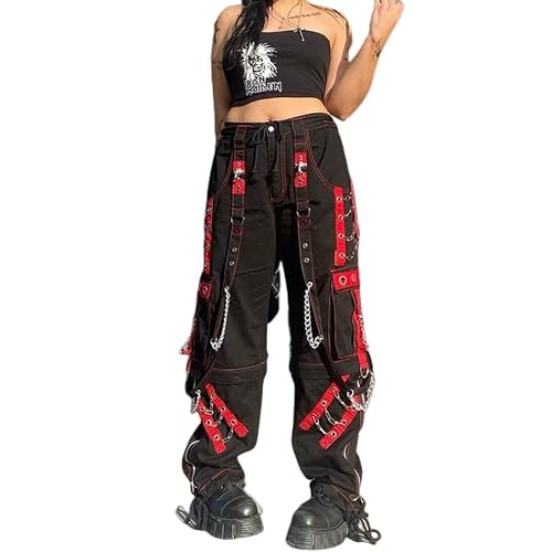 Women Y2k Pants Goth Punk Emo Pants Baggy Bell Bottom Jeans Y2k Wide Leg Jeans Harajuku Grunge Pants Hip Hop Clothes - Small - Black-g