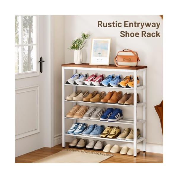 Kimbora 5 tier shoe rack for entryway holds 20 pairs metal shoe rack organizer for front door entrance with wooden top storage shelves rustic brown and white  urban country home decor