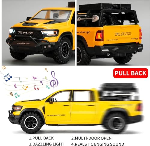 Image of 1 /32 Ram Pickup Truck Diecast Model Toy Car Metal Truck with Sound & Light Pull Back Friction Powered Toy Vehicle Openable Doors Collectible Gift for Kids & Boys (Yellow)