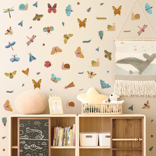 Cute Insect Wall Decals Cartoon Insects Stickers Small Animal Butterfly Dragonfly Snail Bug Decals Nursery Decor Peel and Stick Watercolor Boho Wall Stickers for Kids Room Baby Bedroom