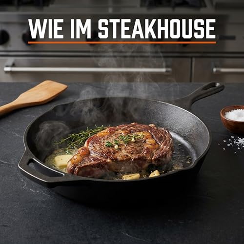 Foto von Homira Gusseisenpfanne 30 cm Ø – voreingebrannt & sofort einsatzbereit, Induktion geeignet, ofenfest, für Gas/Elektro/Ceran, starke Wärmespeicherung, langlebige Bratpfanne aus Gusseisen