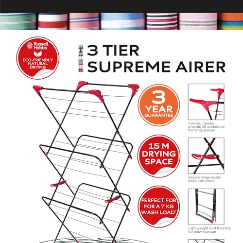 Russell Hobbs LA073785EU 3 Tier Clothes Airer - Indoor Laundry Drying Rack, Foldable,15M Washing Line Drying Space, Fold Out Corner Hanger Hooks, 7kg Max Load, Portable Clothes Horse, Non-Slip Feet - Image 3