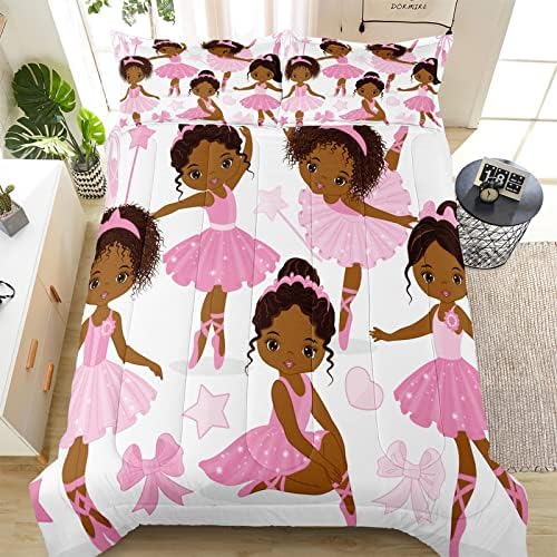 SIRDO Twin Bedding Sets for Girls, African American Black Girl Magic Comforter Set with Ballet Dancer, Pink Bed Set for Toddler Kids Teens, Little Girls Bedroom Decor, 1 Comforter with 2 Pillowcases