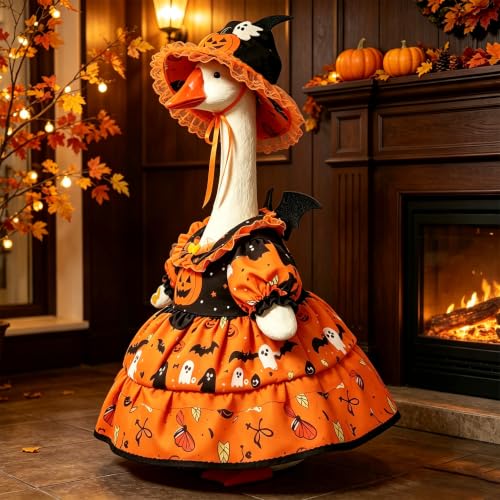 DJKGHCNR Porch Goose Halloween Outfit Pumpkin Witch Costume, 23 Inch Porch Goose Outfits with Orange Dress, Bat Wing Collar Witch Hat, Halloween Goose Outfit for Goose Statue for Patio Yard Decor - image 4