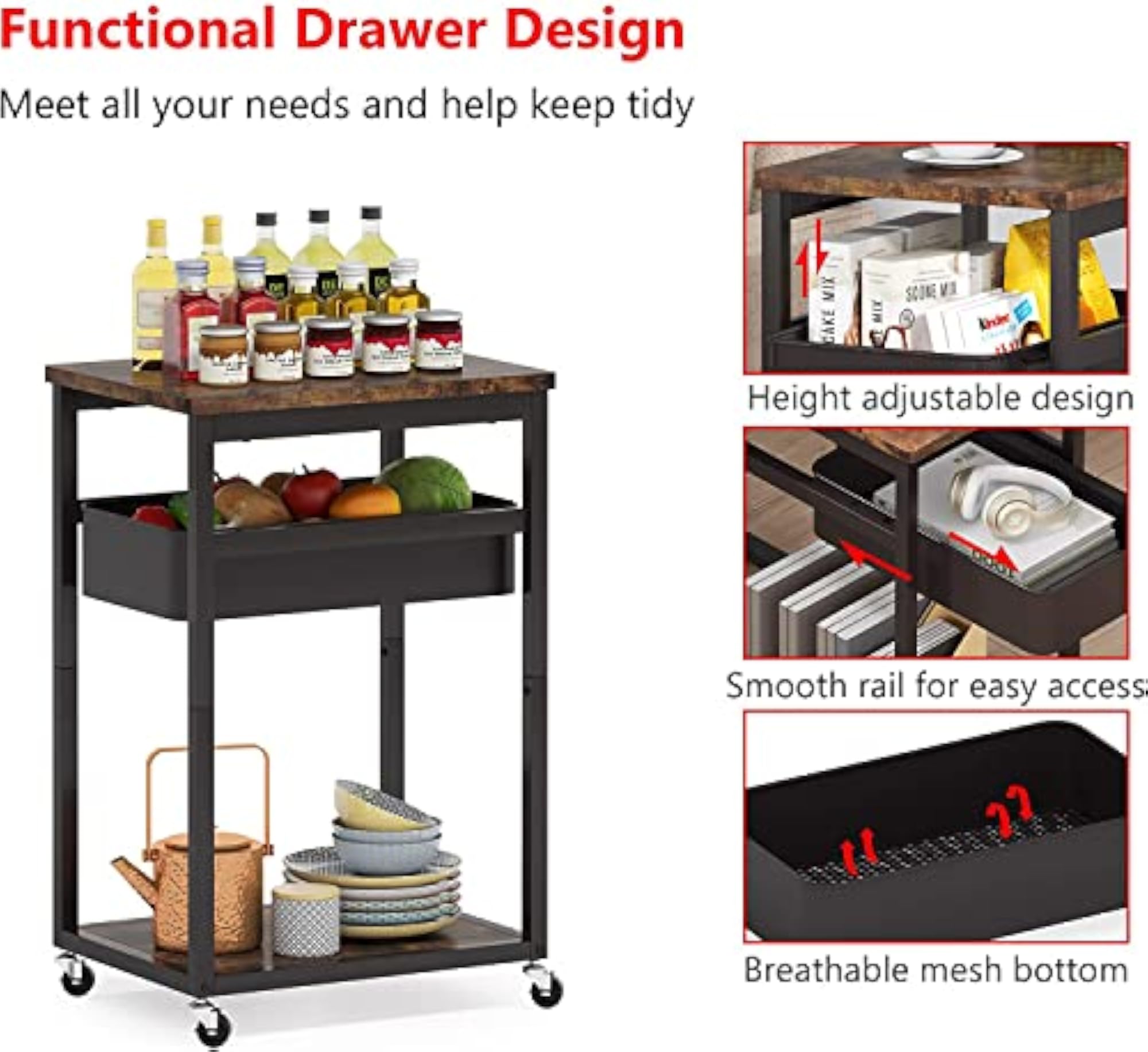 Kitchen Storage Cart with Removable Basket