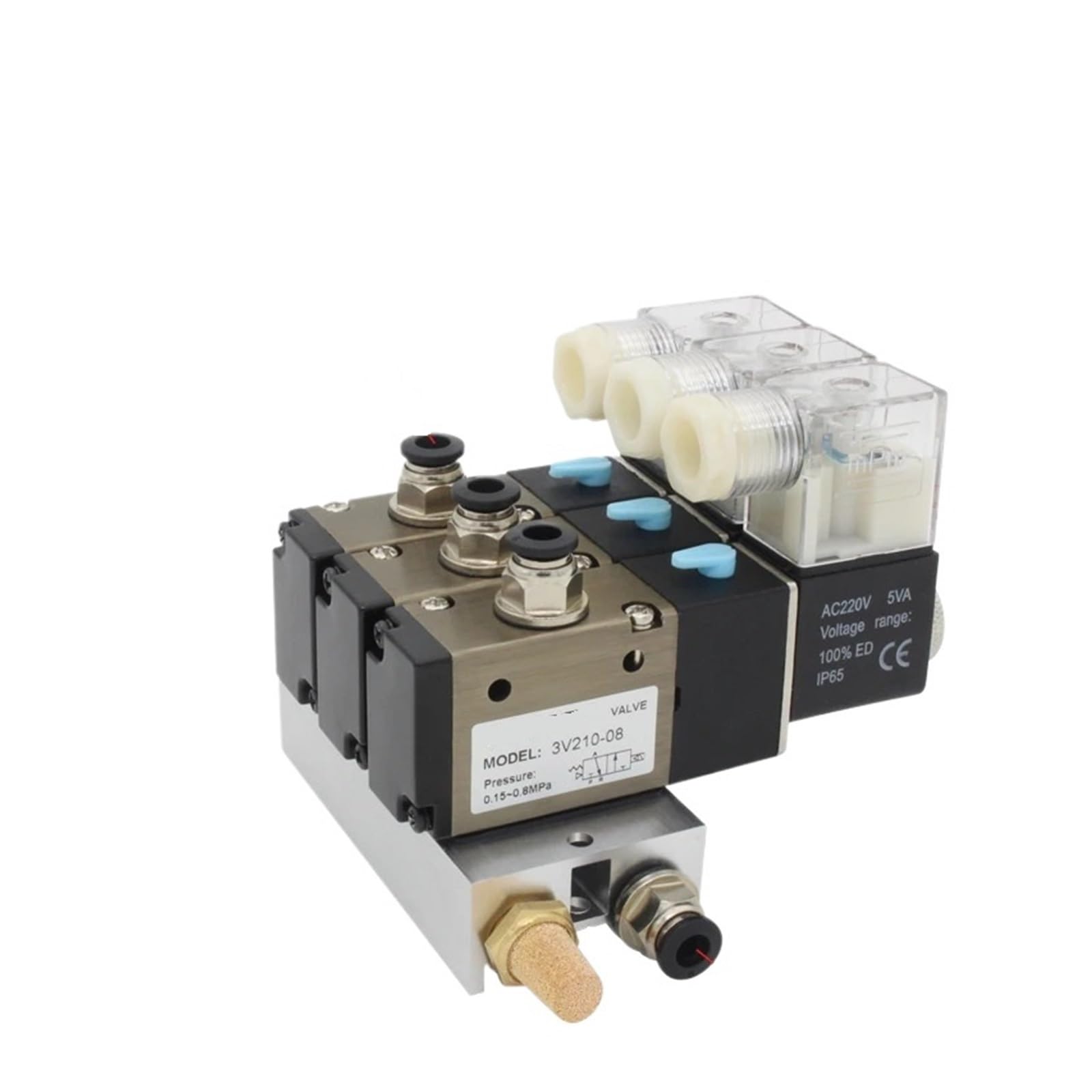 3V210-08-NC Normalnie zamknięty blok zaworów elektromagnetycznych z akcesoriami do tłumika kolektor bazowy DC12 V 24 V AC110 V 220 V 3 porty (złączki DC 12 V 6 mm)