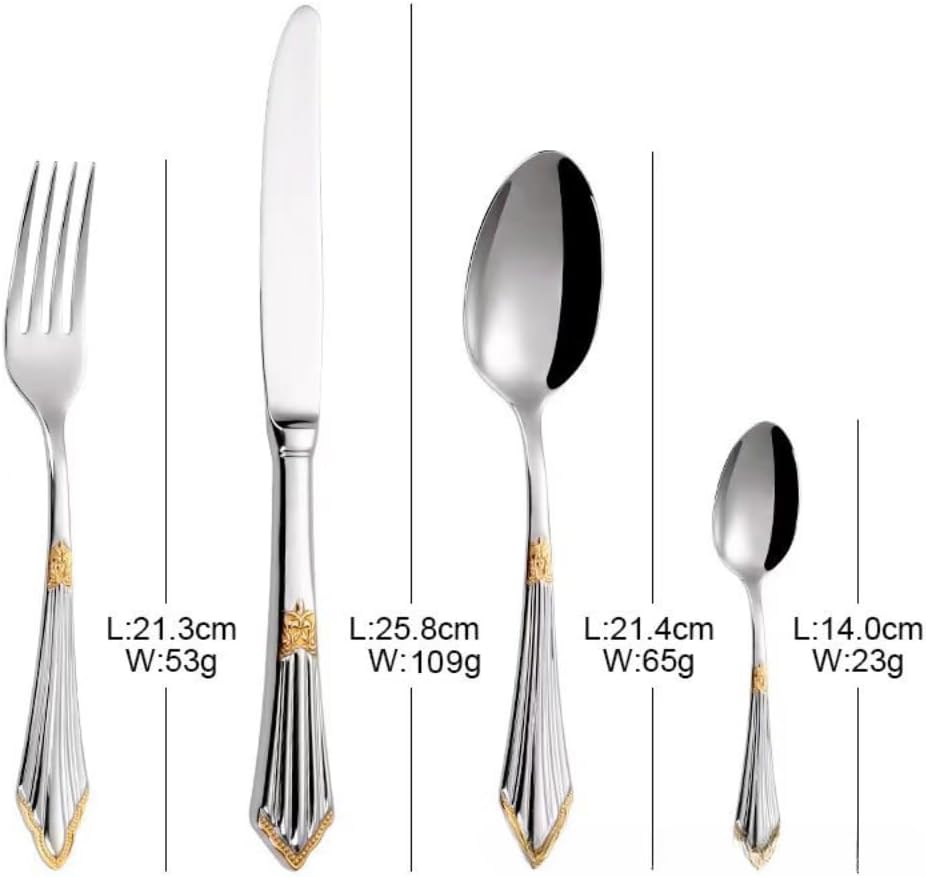 Embossed Handle Kitchen Stainless Steel Silverware Tableware Flatware Cutlery Set Steak Knife Fork Spoon Teaspoon (Silver Gold,16 pieces)