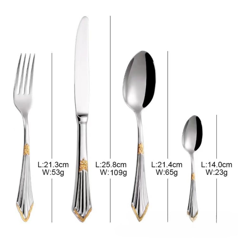 Manico in Rilievo Cucina in Acciaio Inox Argenteria Stoviglie Posate Set Posate Bistecca Coltello Forchetta Cucchiaio Cucchiaino (Argento Oro,16 pezzi)