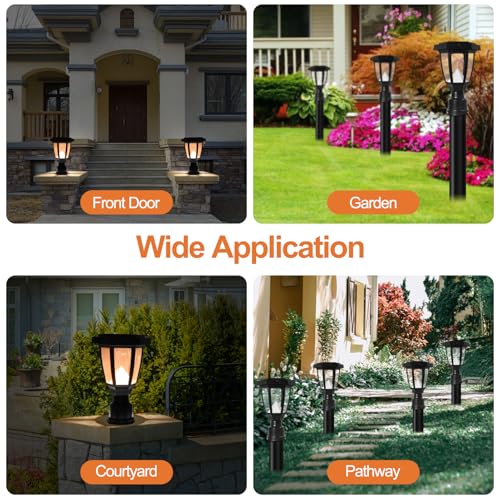 FUDESY Solar Lamp Post Light Outdoor, Waterproof LED Fence Post Lights Solar Powered with Pier Mount Base, Plastic Black Pole Light for Outside Garden Landscape Yard Pathway, 3000K Warm White