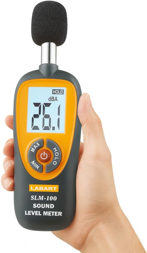 LABART Digital Sound Level Meter Certificate included- Noise Meter with LCD Display, Measurement Range 30-130 dB SPL, Accurate Decibel Reader SLM-100