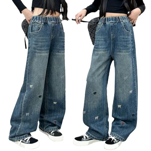Girls Baggy Wide Leg Jeans, 5 Pockets Bow Embroidered Denim Pants, Tweens Elastic Waist Cat's Whisker Jeans