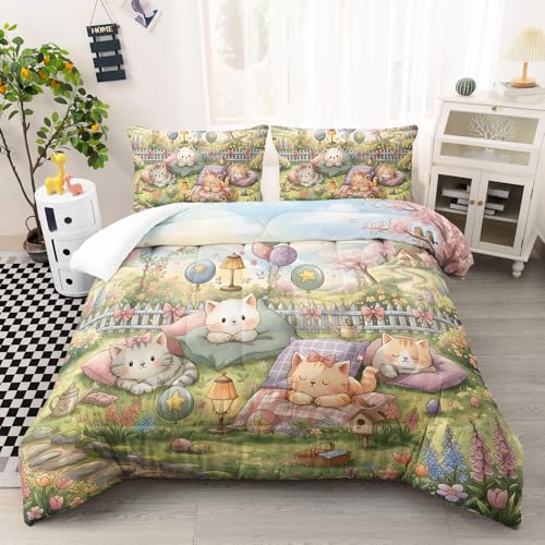 Image of AILONEN Cute Cat Comforter Set Twin Size 3 Pieces Kawaii Kittens Garden Bedding for Girls Kids Cartoon Animal Quilt Pink Flower Green Grass Meadow Duvet Alternative Soft Microfiber Sleeping Covers