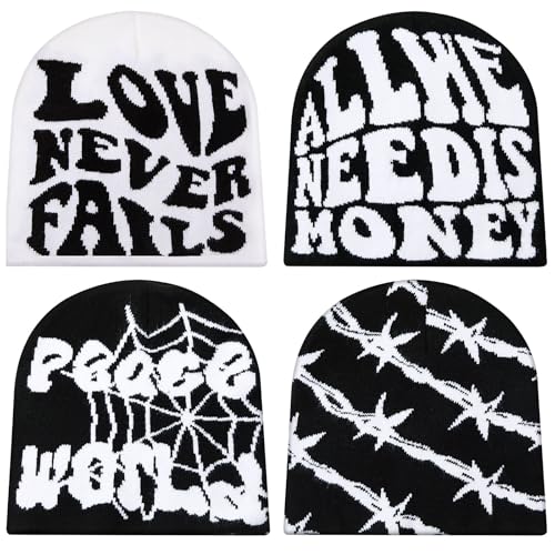 Image of Ramede 4 Pcs Y2k Beanie - Double Sided Graphic Beanies for Men and Women, Acrylic Knitted Y2k Hats Accessories