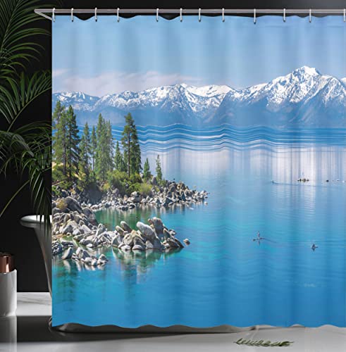 Ambesonne Landscape Shower Curtain, Blue Waters Of Lake Tahoe Snowy Mountains Pine Trees Rocks Relax Shore, Cloth Fabric Bathroom Decor Set With Hooks, 69" W X 75" L, Pale Blue Green Grey #TOP2