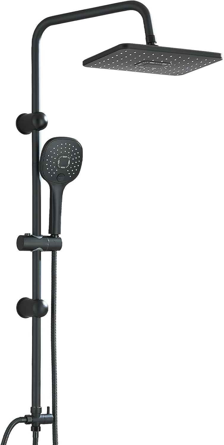 Shower Riser Kit with 29cm*19cm Rainfall Shower Head, 5 Spray Modes Handheld Shower with Rotating Bracket Shower Set Anti-Leak Hose,Easy Install, Suitable for Bathrooms Black