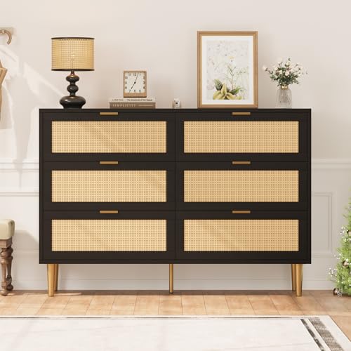 GarveeHome Rattan 6 Drawer Dresser for Bedroom, Modern Chest of Drawers with Gold Legs and Gold Handles, Wide Double Dresser with Large Tabletop and Anti-tipping Design for Bedroom, Living Room, Black