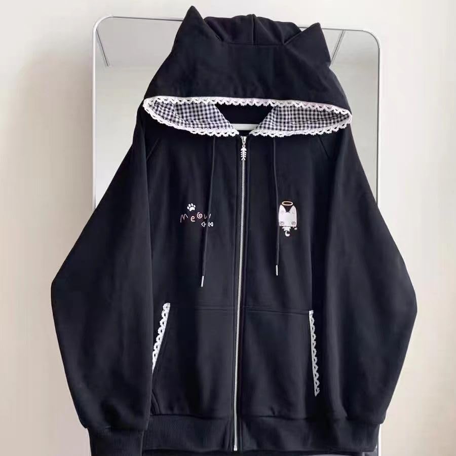 Cute Y2K Kitty Cat Ears Zip Up Hoodie for Women Girls Teen Long Sleeve Kawaii Coat Jacket Clothes Tops4