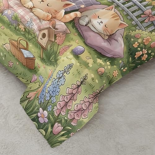 Image of AILONEN Cute Cat Comforter Set Twin Size 3 Pieces Kawaii Kittens Garden Bedding for Girls Kids Cartoon Animal Quilt Pink Flower Green Grass Meadow Duvet Alternative Soft Microfiber Sleeping Covers