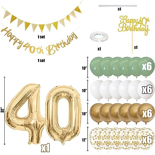 Image of 40th Birthday Decorations for Women, Sage Green White Gold 1986 Happy 40th Birthday Decorations, 40 Years Old Decoration Include Banner Garland Balloon Cake Topper Decor