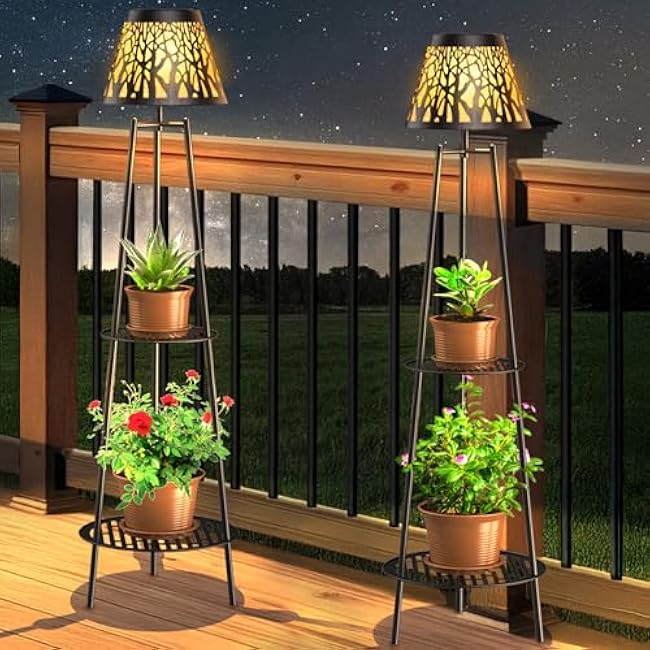 2 Pack Outdoor Solar Lights with Plant Stands, 45.5 Metal Solar Floor Lamps Waterproof Garden Lights for Patio Deck Yard Garden Porch Backyard Decor (Bronze)