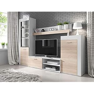 KRYSPOL Wohnwand Rita TV-Lowboard, Hochvitrine, Kommode, Wandregal, Wohnzimmer-Set, Modern Design (Weiß + Sonoma Eiche)
