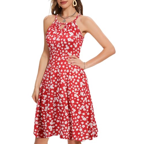 Image of JOYSHAPER Built in Bra Summer Dress Casual Beach Sundress Flowy Halter Dress with Pockets