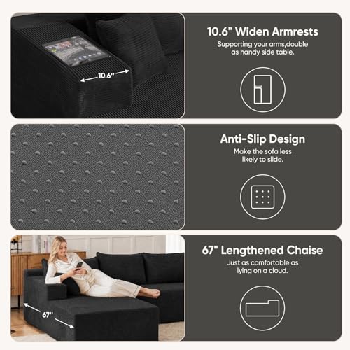 Image of Boneless Couch, 102.4 inch Sectional Couches for Living Room with L Shape Sofa | Cloud Couch Sectional with Chaise, Modular Cloud Sofa with Deep Seat, No Assembly, Black, Corduroy, Left Chaise