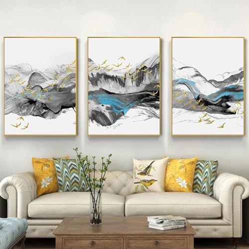 Encre montagne eau doré oiseau troupeau triptyque abstrait 60x80 cm - 4