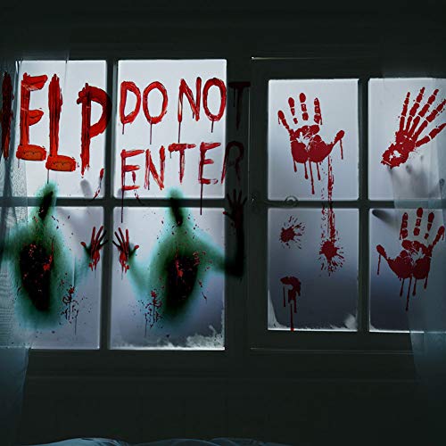 Gretess Halloween Window Door Decoration Set - 2 Giant Bloody Window Poster Clings & 6 Bloody Handprint Footprint & 16 Bloodmarks, Haunted Creepy Scary, Indoor Outdoor Party School House Door Decor
