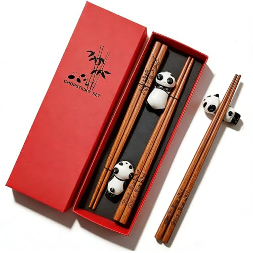 Rpanle 2 Paia di Bacchette per Sushi, acchette Di Legno Riutilizzabili con Supporti Panda in Ceramica, Confezione Regalo