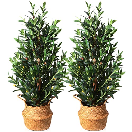 Kazeila 2 Stück künstlicher Olivenbaum, 88.9 cm künstliche Topfseide Olivenblätter Pflanze mit handgefertigtem Seegras-Korb, Kunststoff, grüner Kunstbaum, Schlafzimmer, Badezimmer Cover